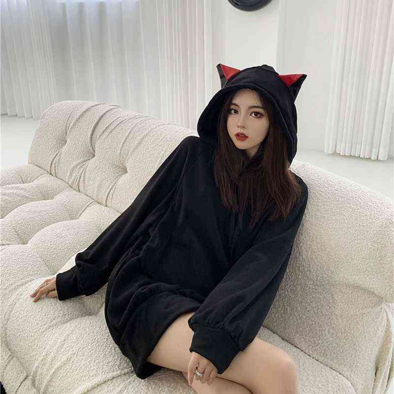 Cat ear Sweatshirt women's fashion Plush autumn and winter clothes Korean loose hooded jacket medium length womens winter tops 211109