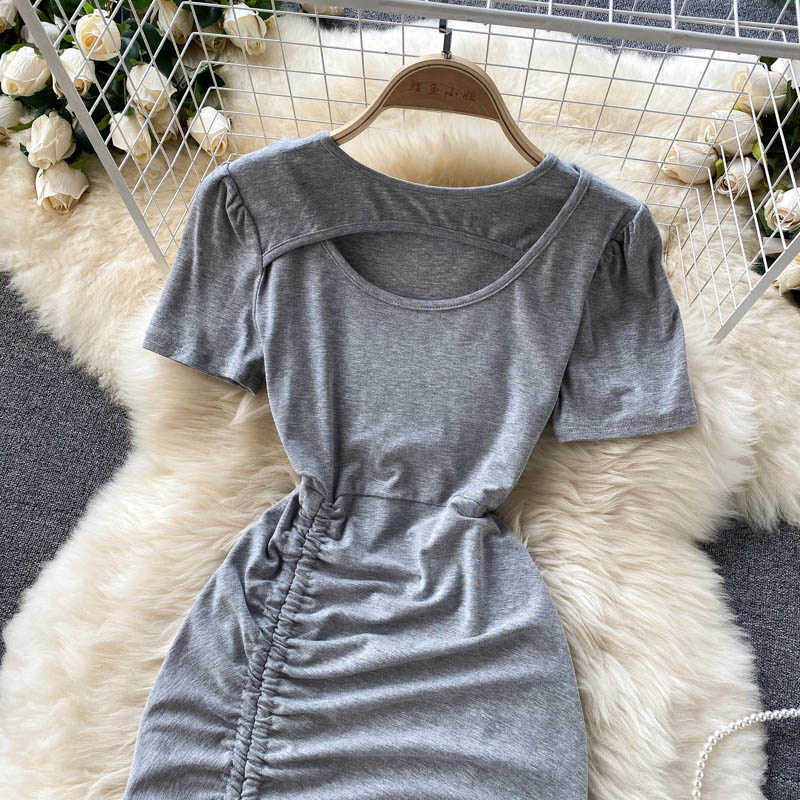 DEAT Women Drawstring Hollow Out Dress Round Neck Short Sleeve Arrivals Lady Sexy Fashion Spring Summer 11D1573 210709