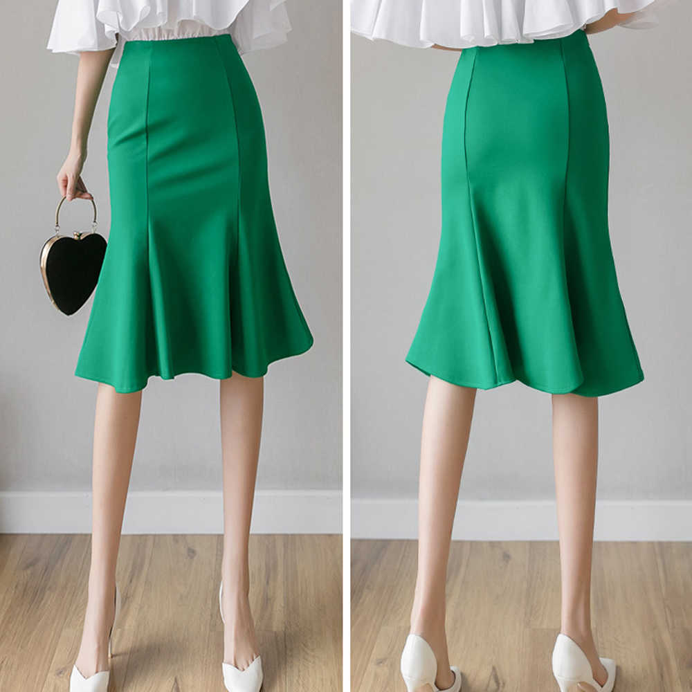 Elegant Women Mermaid Skirts High Waist Stitching All-Match Casual Plus Size Office Lady Stretch Green Black Midi 210621