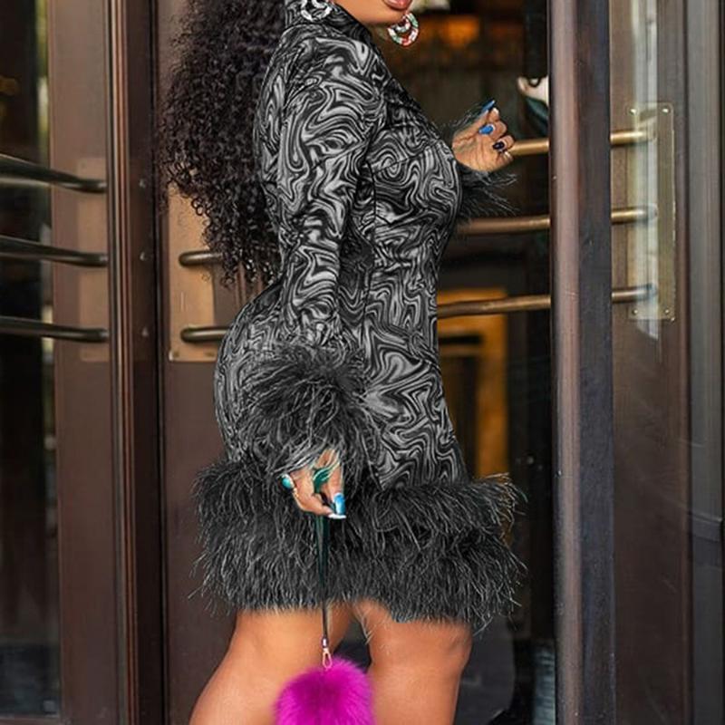 Casual Dresses Plus Size Feather Winter Fur Women Vintage Robe Bodycon African Fashion Print Long Sleeve Party Dress Mini Sexy Black
