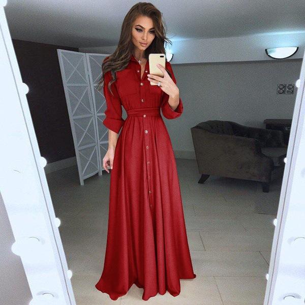 Casual Dresses Fashion Shirt Dress Women Turn-down Collar Solid Bohemia Spring Maxi Ladies Long Sleeve Female Elegant L696