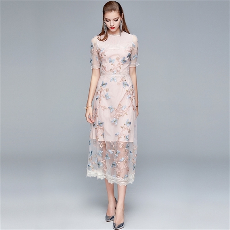 High Quality Mesh Embroidery Butterfly Holiday Dress Women Summer Fashion Pink Long Midi Princess Dresses 210602
High Quality Mesh Embroidery Butterfly Holiday Dress Women Summer Fashion Pink Long Midi Princess Dresses 210602