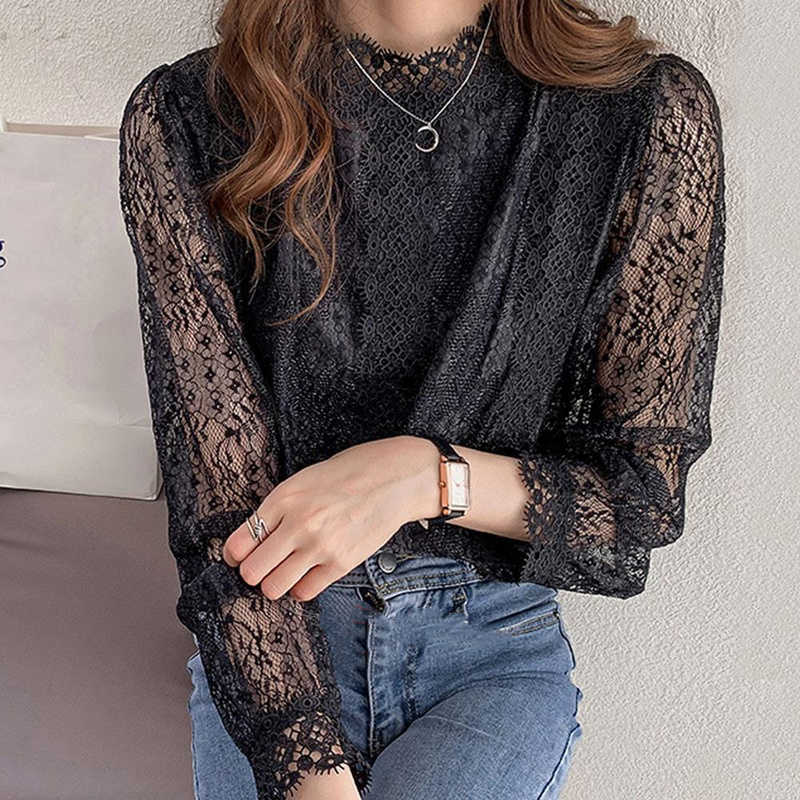 Korean Fashion Mesh See Through Tops Sexy Lace Shirt Half-turtleneck Women Long Sleeve Blouse Female Loose Casual Blouse 10969 210528