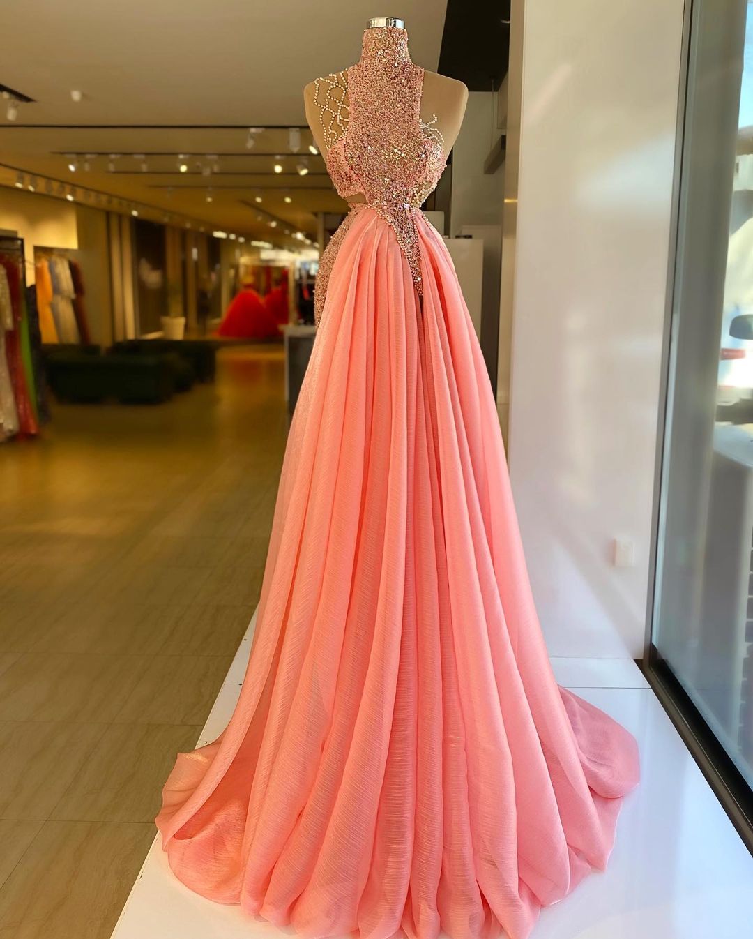 aso ebi 2021 arabic coral sexy sparkly evening dresses beaded aline prom dresses high neck chiffon formal party second reception gowns zj22