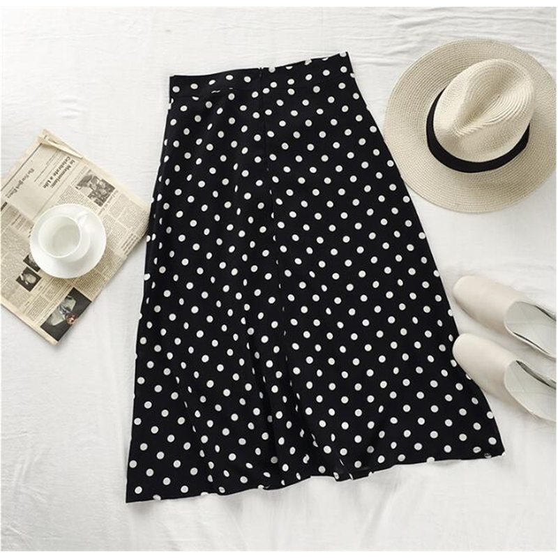 Women Summer Skirt Korean Streetwear Vintage Polka Dot Slim High Waist A Line Chiffon Long Skirt S3XL Black White Red B157 T200324