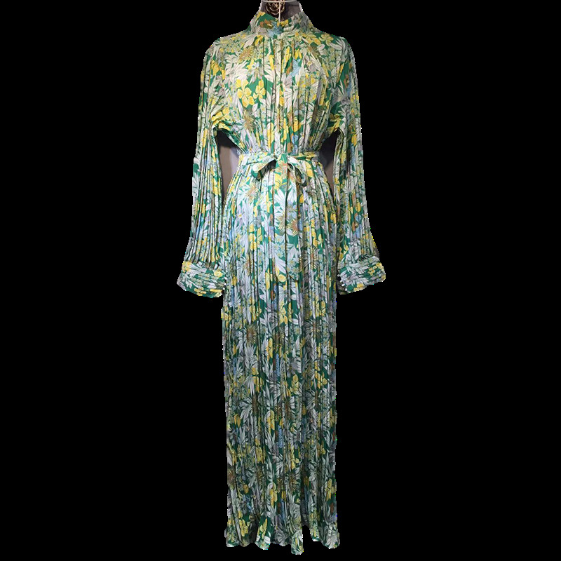 LANMREM women long dresses famale vintage stand collar loose slimming belt pleated long sleeve printed 135CM length 210303