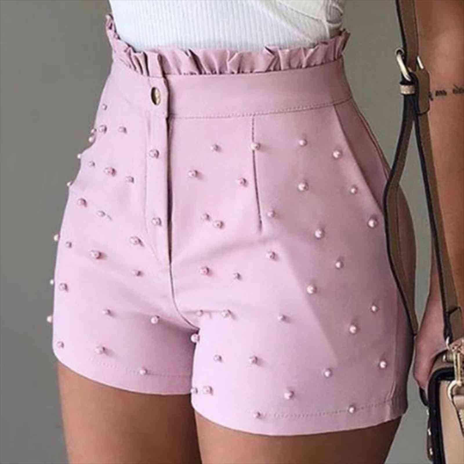 ladiess cute soild color womens short high waist zipper bead decoration office lady elegant pants summer, White;black 
ladiess cute soild color womens short high waist zipper bead decoration office lady elegant pants summer, White;black