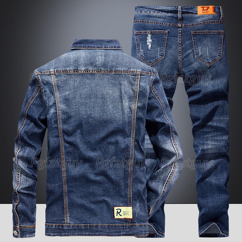 Men's Tracksuits Fashion Slim Sets Spring Autumn Dark Blue Denim Cotton Long Sleeve Jacket + Ripped Hole Jeans Couple Two Piece Set