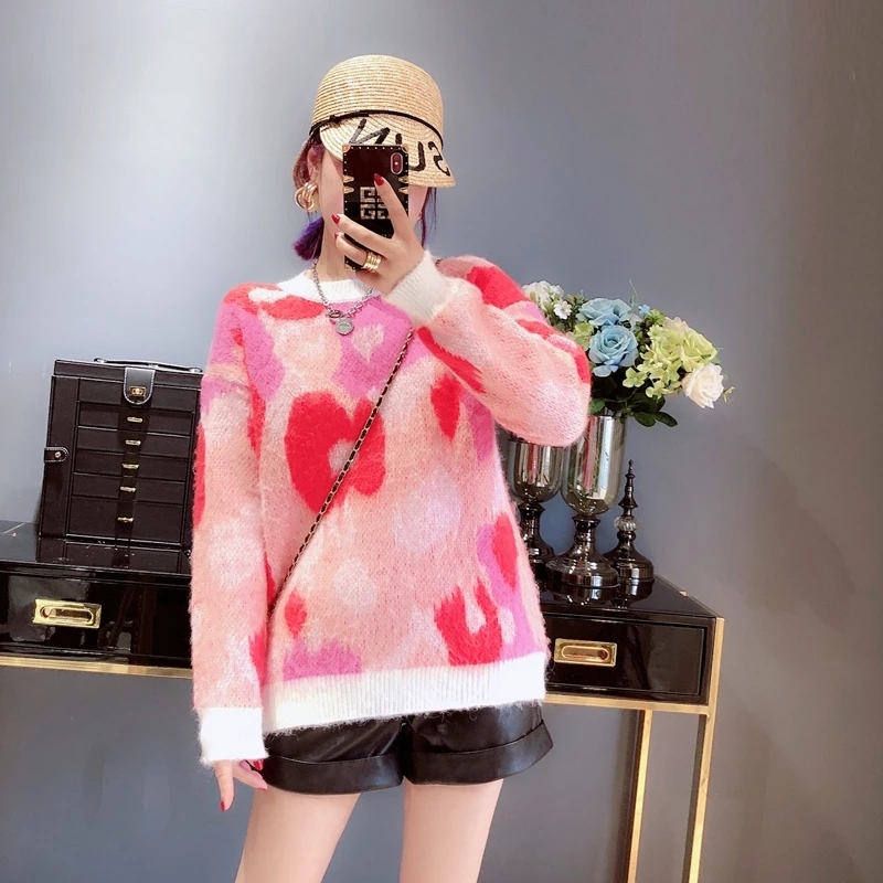 New Autumn Winter Mohair Sweater Women's Pullover O-neck Long Sleeve Flower Pattern Sweet Knitting Jumper Top pull femme C-074 210218