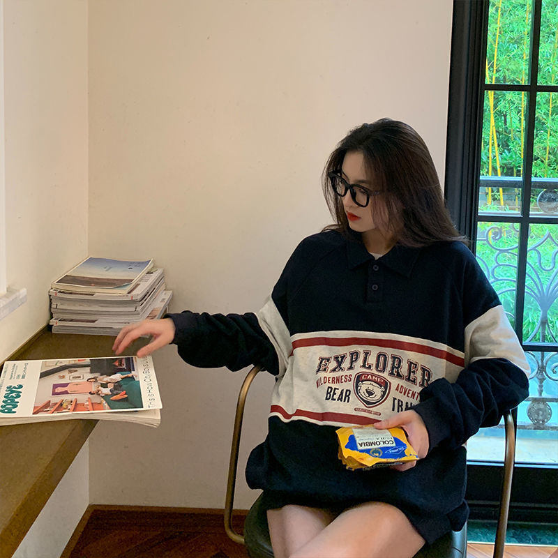winter Vintage Polo Collar Loose Harajuku Hoodie Top Long Sleeve Teens Oversized Hoodies Women Print Bear Sweatshirt Trendy LJ201130