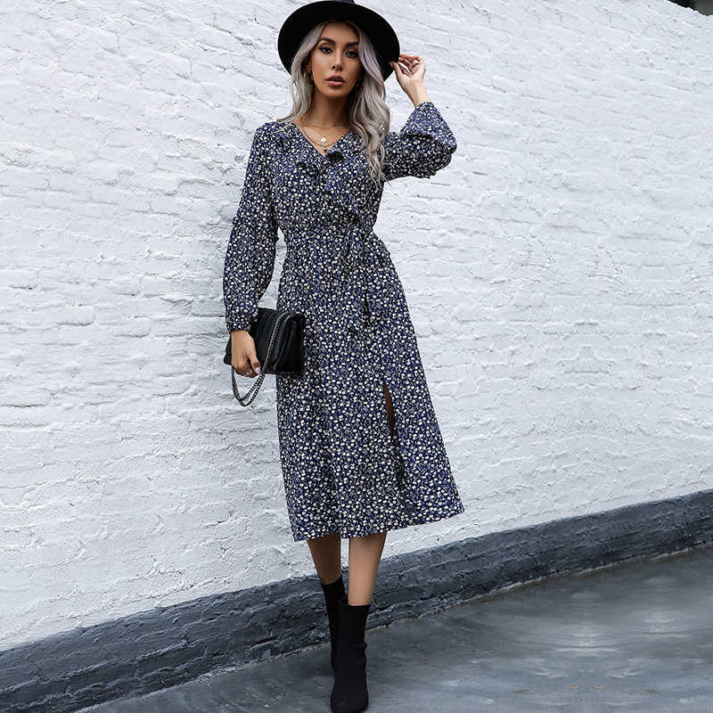 Floral Print Ruffle Patchwork V Neck Bandage Long Sleeve Split Fork Dress Women Boho Beach Party Streetwear Casual Midi Dresses 210608, Navy blue
Floral Print Ruffle Patchwork V Neck Bandage Long Sleeve Split Fork Dress Women Boho Beach Party Streetwear Casual Midi Dresses 210608, Navy blue