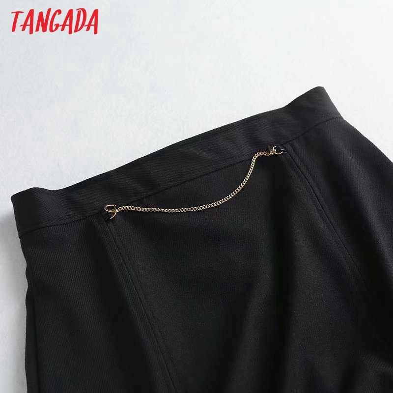 Tangada autumn winter women chain decorate black skirts faldas mujer zipper female mini skirt 4C78 210306