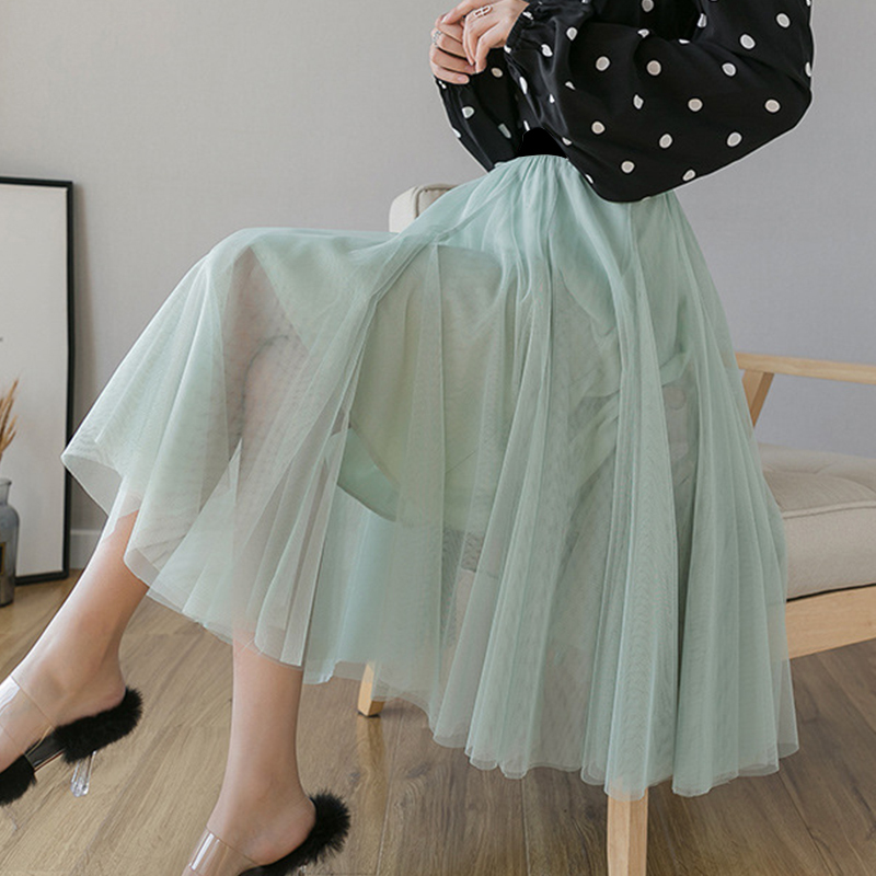 New Autumn Winter Vintage Tulle Skirt Women Elastic High Waist Mesh Skirts Long Pleated Tulle Skirts Party Mesh A-Line Skirt 210309