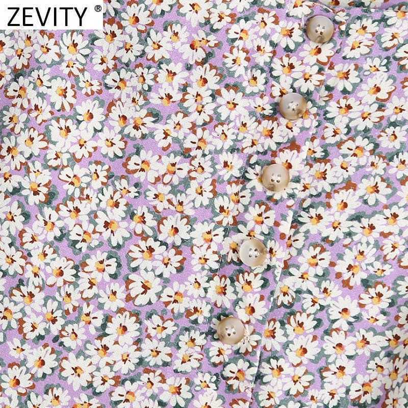 Zevity Women Vintage Floral Print Single Breasted Split Purple Skirt Faldas Mujer French Style Female Chic Party Vestidos QUN756 210621