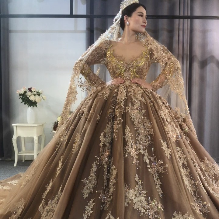 2021 Gothic Brown Wedding Dresses Luxutry Long Sleeves Beaded Appliques Lace Bridal Wedding bridal Gowns In Dubai Wtih Train