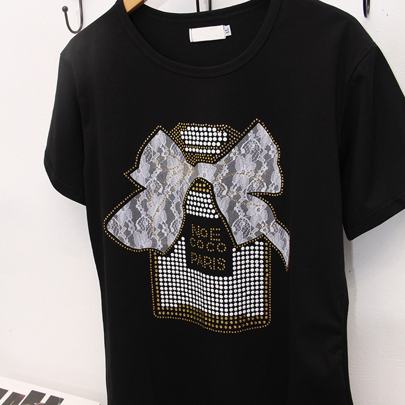 Summer new fashion loose Plus Size black with rhinestones short-sleeved T-shirt female street casual hot drilling Tee tops 210306