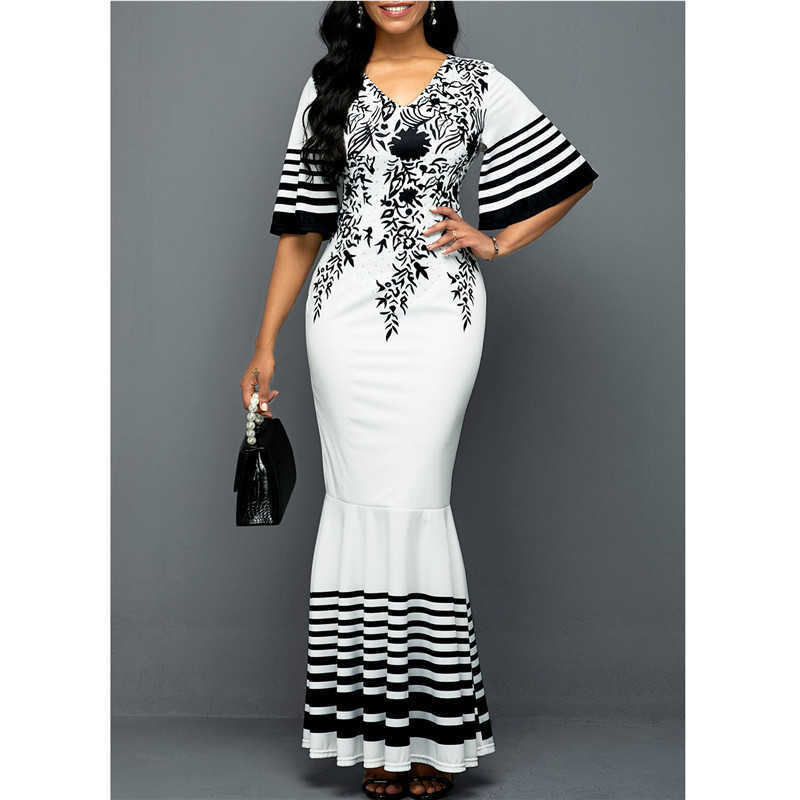 Long Dress Women printed Stitching Long High Waist Short Sleeves V-Neck Plus Size 5XL fishtail Womens Dress 210630