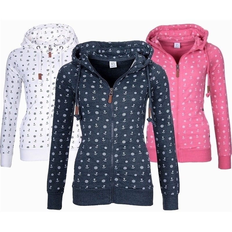 NEW Women Hooded Fleeces Oversize Sea Anchor Print Zipper coat Jumper Casual Sweatshirt Tops Autumn long sleeve hooded sw 201204