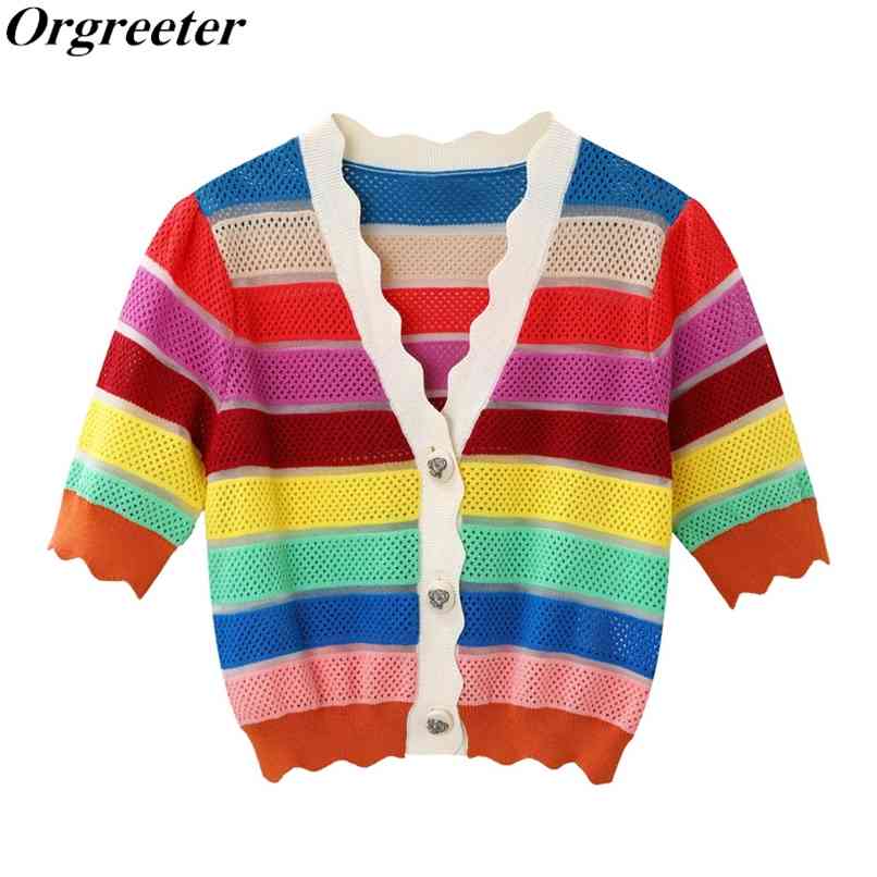 Striped Contrast Wavy Side Hollow out Candy color V-neck Knitted Cardigan Tops Summer Short T-shirt Stitching Women' Top 210602, Pullover tops
Striped Contrast Wavy Side Hollow out Candy color V-neck Knitted Cardigan Tops Summer Short T-shirt Stitching Women' Top 210602, Pullover tops