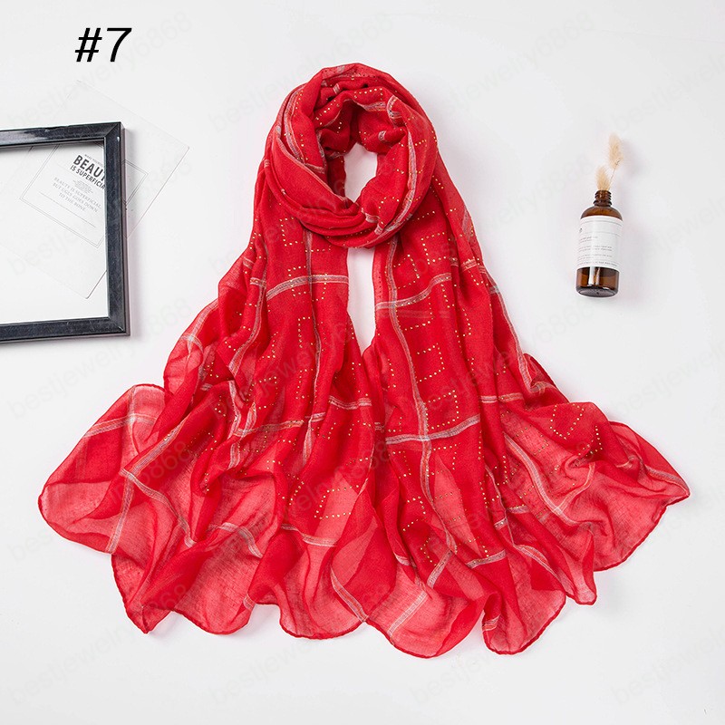 Women Wrinkle Scarf Rhinestone Plaid Muslim Hijab Scarf Turban Head Wrap Solid Color Pleated Scarves