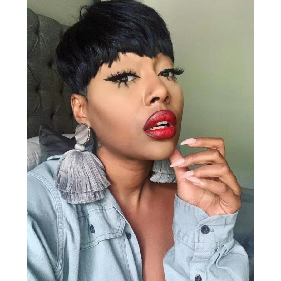 Short Cut Straight Hair Wig Peruvian Remy Human Hair Full Wigs For Black Women Brown black Color With Bangs