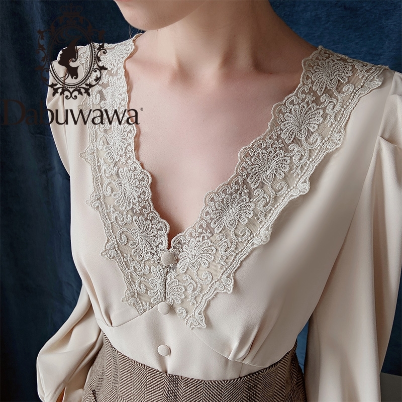 Dabuwawa Elegant Lace V-Neck Blouse Women Long Lantern Sleeve Single Breasted Vintage Solid Shirts Tops Office Lady DT1CST029 210225