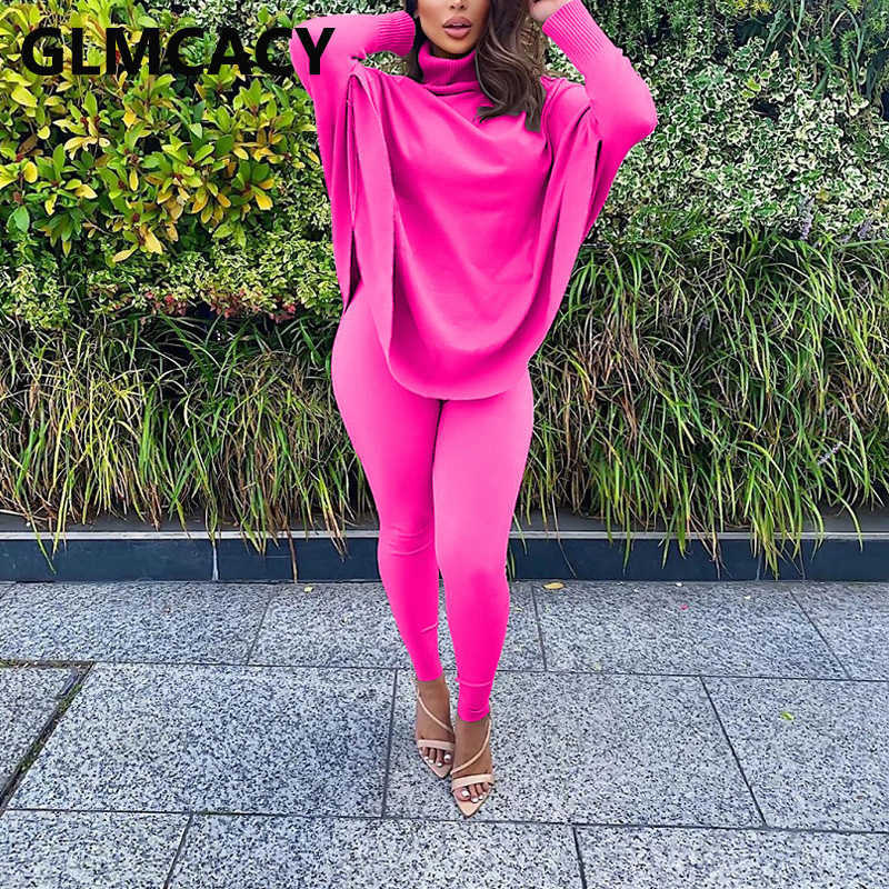 Women Two Piece Classy Suits Batwing Sleeve Turtleneck Top & Skinny Pants Set 211007