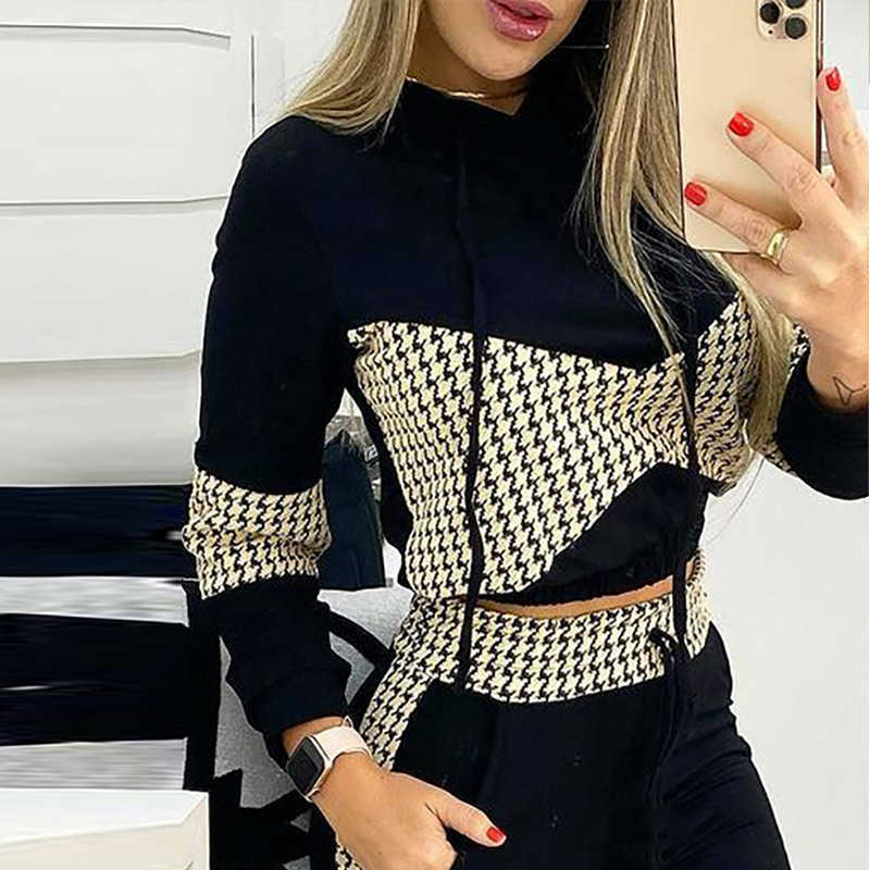 Fashion Tracksuit Two Piece Set Women Autumn Houndstooth Hoodies Top + Long Pants Sports Suit For Female Sportswear Clothes 210709, Black
Fashion Tracksuit Two Piece Set Women Autumn Houndstooth Hoodies Top + Long Pants Sports Suit For Female Sportswear Clothes 210709, Black