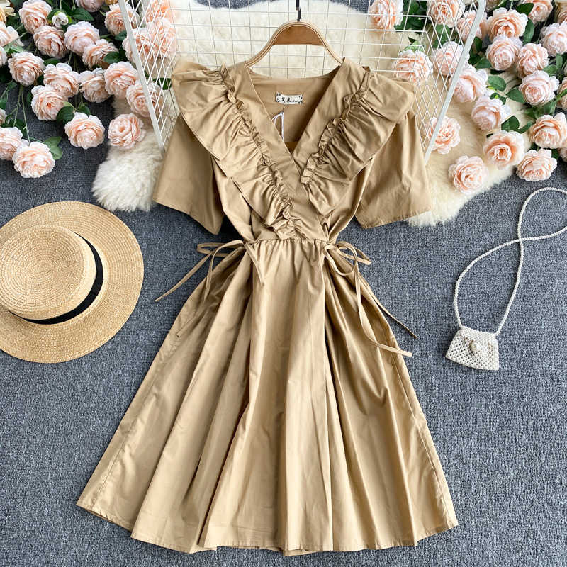 DEAT Women Ruffles 11D1300 Dress V- Neck Short Sleeve Arrivals Lady Temperament Fashion Spring Summer 11D1300 210709