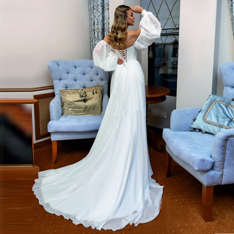 Chic White Chiffon Beach Wedding Dresses A Line Long Puffy Sleeve Off Shoulder Sweetheart Bohemian Wedding Dress Bridal Gowns 2021 Vestidos
