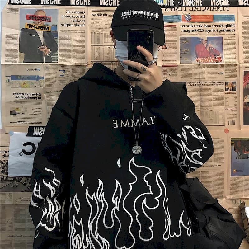New casual women's hoodie sweatshirt sleeve black female loose thick coat hoody tracksuit clothes top clothing Flame print 201204