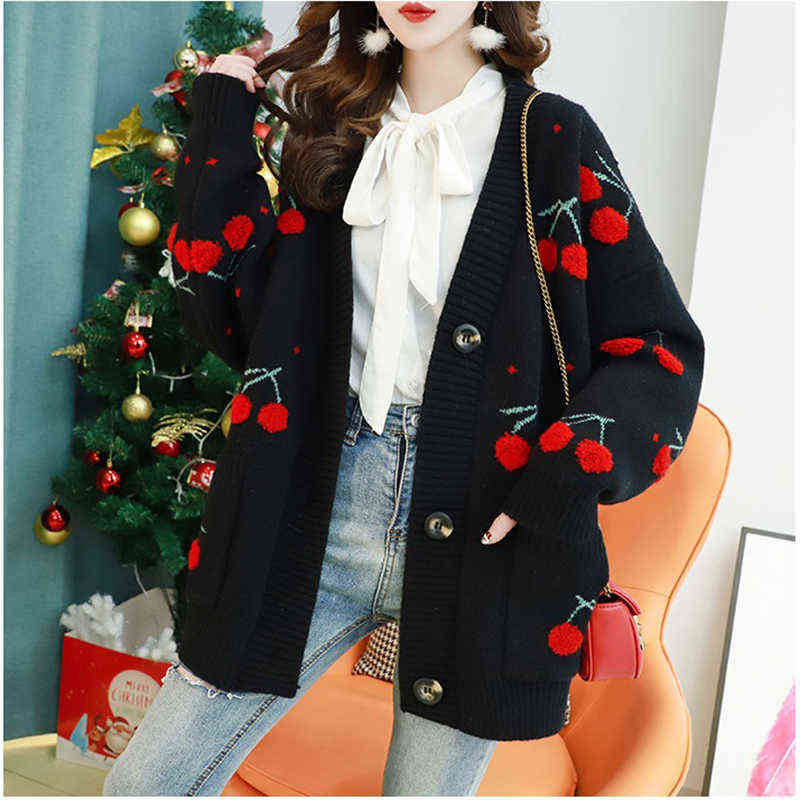 Autumn Fashion Cherries Embroidery Mid-length Cardigans Women V-Neck Bat sleeve Pocket Knitting Sweater Coat Loose Ladies Tops 211117
