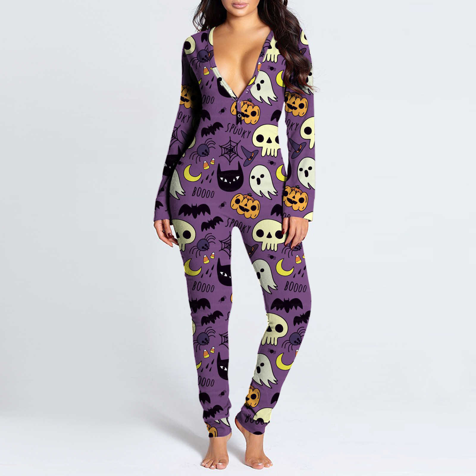 Sexy Women Pajama Set Halloween print Button-down Front Functional Buttoned Flap Adults Jumpsuit Open Butt Pajamas Onesies 211228