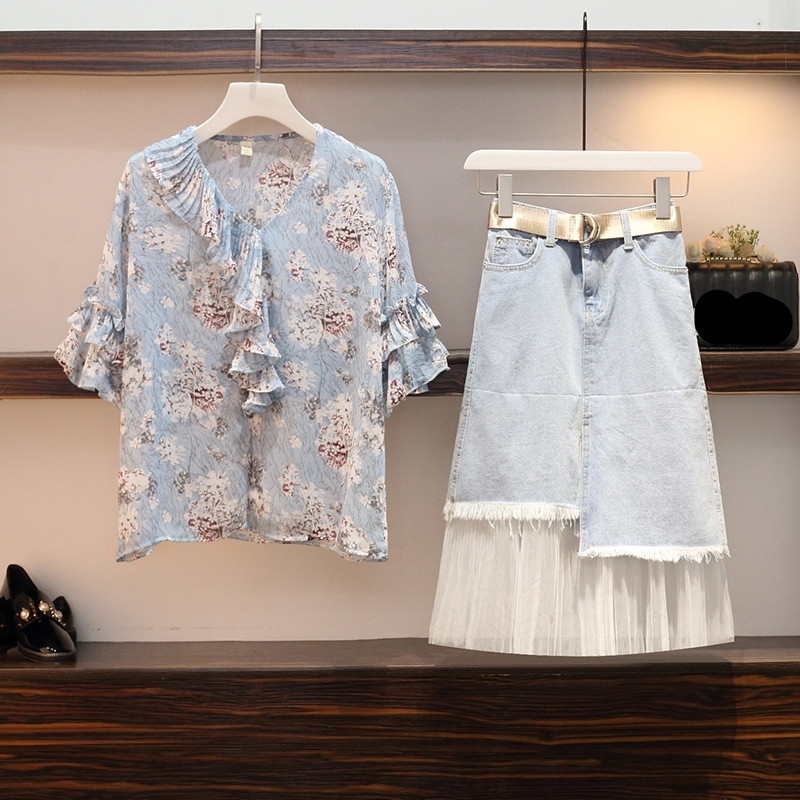 Summer Plus Size 5XL 2 Piece Set Women VNeck Ruffles Floral Chiffon Shirt Tops Mesh Patchwork Denim Skirt Two Piece Set Suit T200608