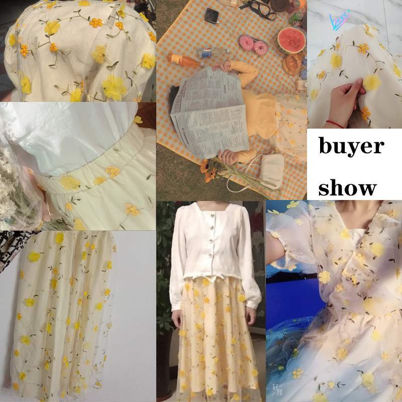 Yellow 3D Flower Lace Skrit Women High Waist Mesh Long Skrit Female elegant Midi tulle skirt Sweet Cute Student School Wear saia 210309