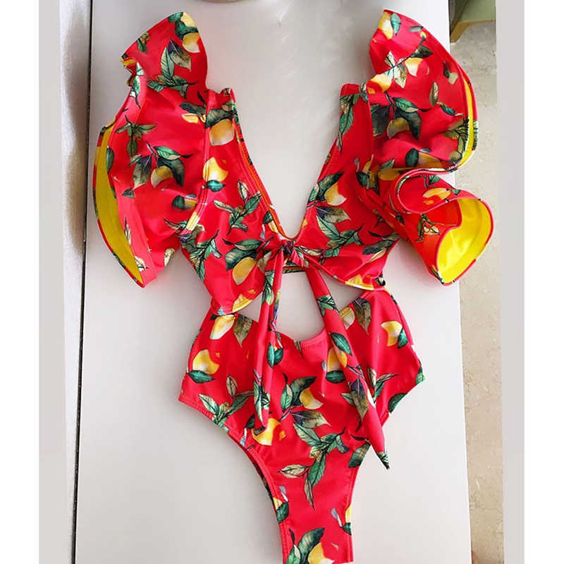 Sexy Off The Shoulder Ruffle Swimsuit Swimwear Women Deep-V Bathing Suits Beach Wear Swim Suit 210611