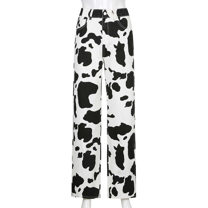 Animal Cow Printed White Y2K Jeans Baggy Vintage 90S Pockets Patchwork Straigh Pants High Waist Streetwear Harajuku 210809
