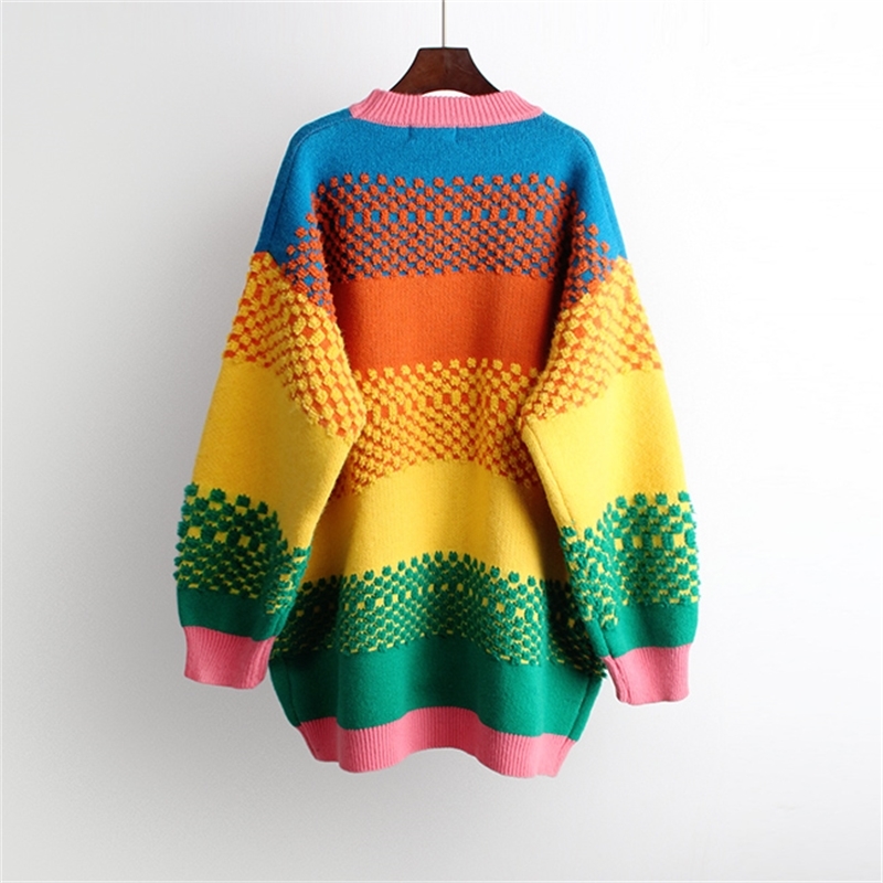 H.SA pull femme nouveaute Women Warm Rainbow Sweater and Pullovers Coloful Striped Knitwear Long Oversized Pull Sweaters 210218