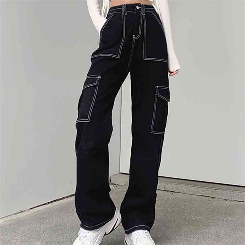 Harajuku Y2K Multi Pockets Patchwork Baggy High Waist Jeans Streetwear 100% Cotton Women Denim Trouser Loose Pants Punk 210922