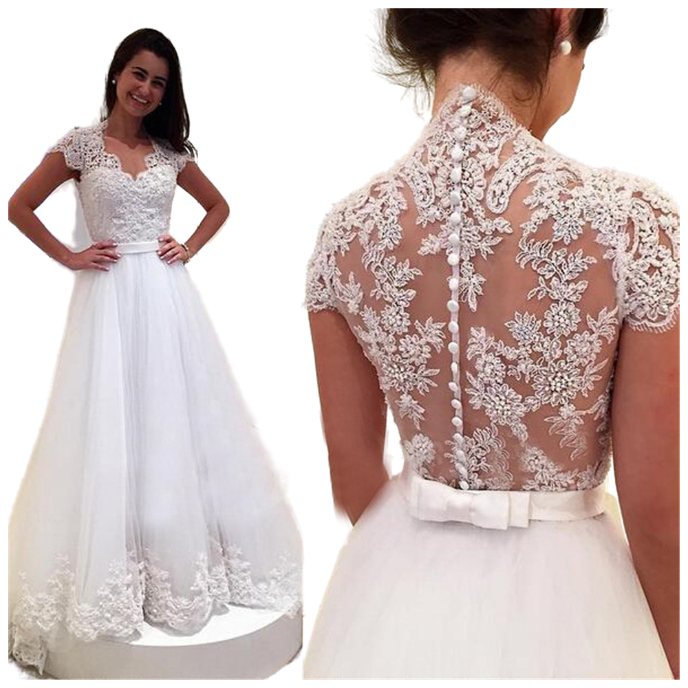 Sexy Illusion Backless A Line Wedding Dresses Bridal Gowns Sweep Train Lace Appliqued Long Summer Ivory Bride Dress V Neck Short Sleeves Second Recept