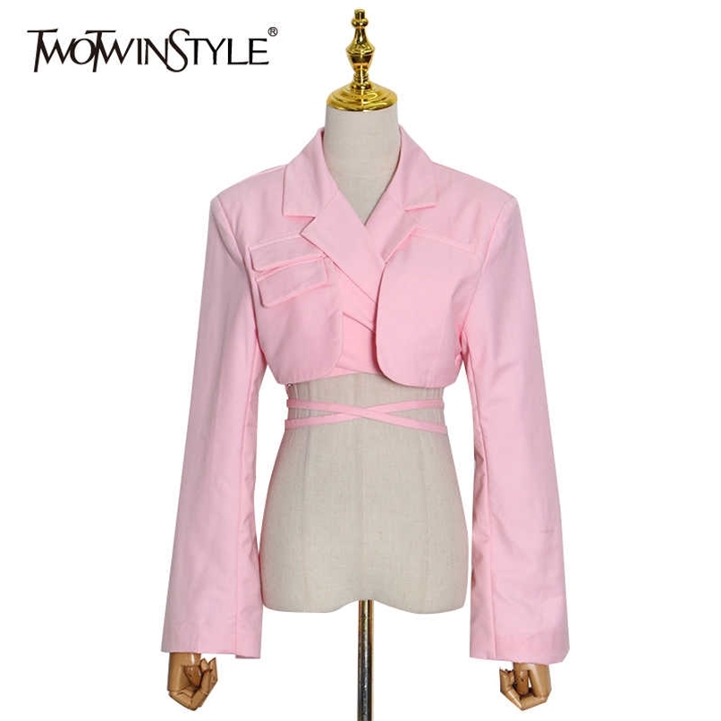 TWOTYLE Cross Short Black Blazer For Women Notched Long Sleeve Hollow Out Casual Blazers Female Fashion Clothing 210930