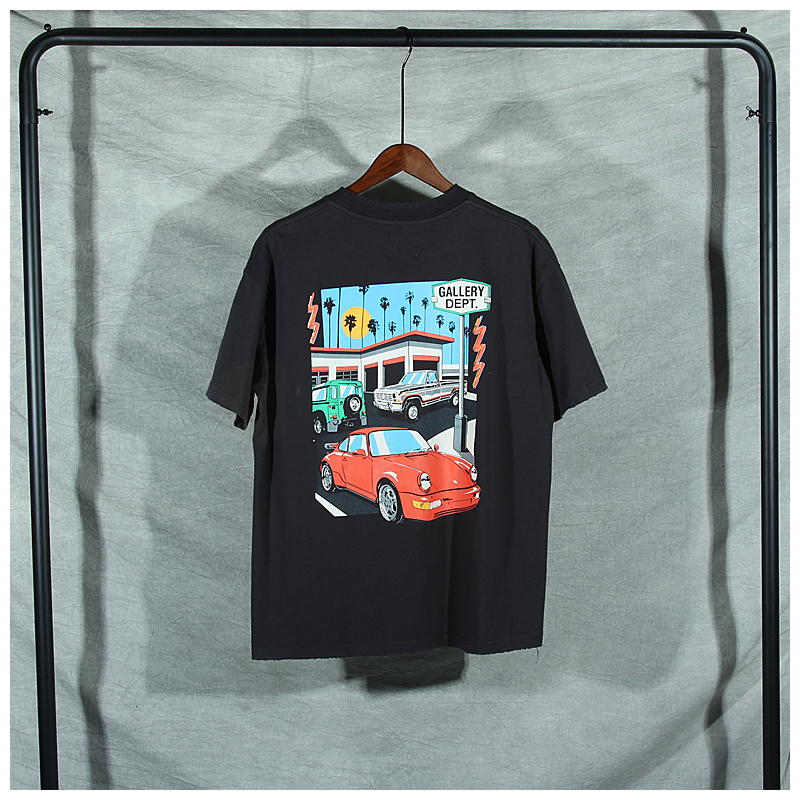 

2021 New American Fashion Men' Gallery Dept High Street Retro Painted Car Printed Cotton Worn Short Sleeve T-shirt WXJY, Brown