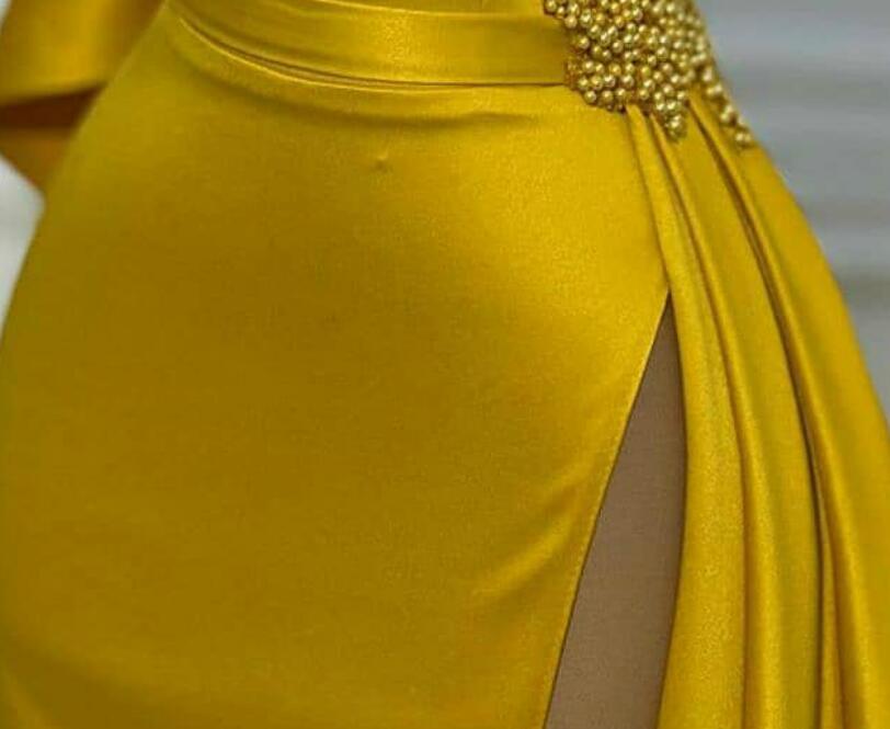 Aso Ebi 2021 Arabic Gold Sexy Sheath Evening Dresses Pearls High Split Prom Dresses Satin Formal Party Second Reception Gowns ZJ554