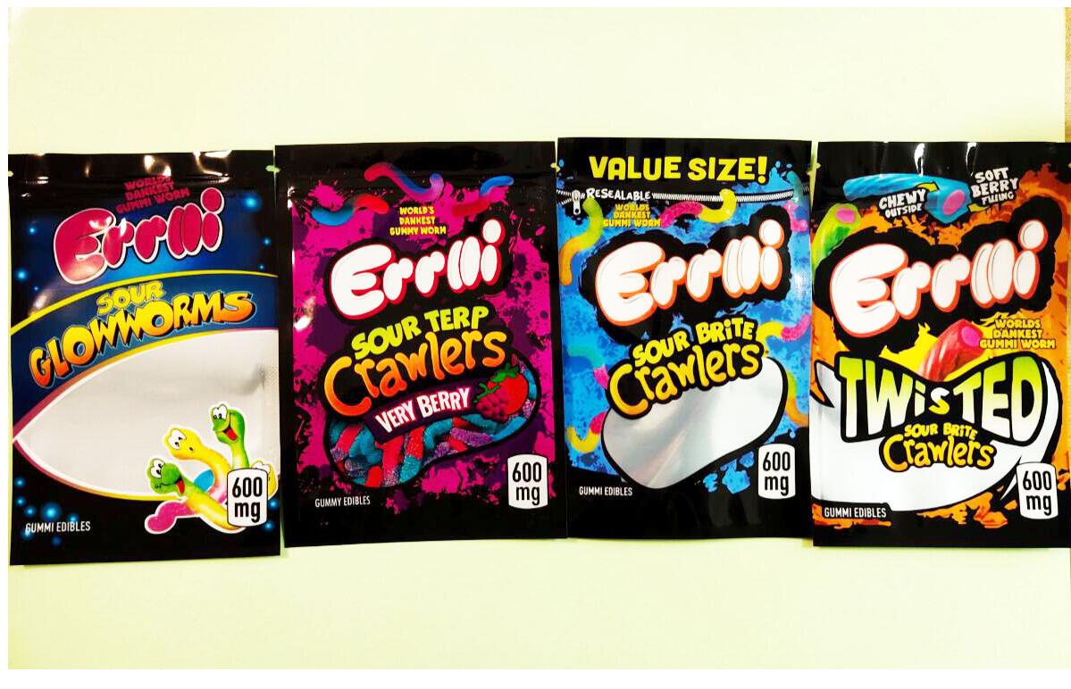 Edibles Errlli Sour Brite Crawlers Twisted Mylar Bags 600mg Gummi Worm Resealable Cookies mylar bags 3.5g Nerds Rope Runtz 2021
Edibles Errlli Sour Brite Crawlers Twisted Mylar Bags 600mg Gummi Worm Resealable Cookies mylar bags 3.5g Nerds Rope Runtz 2021
