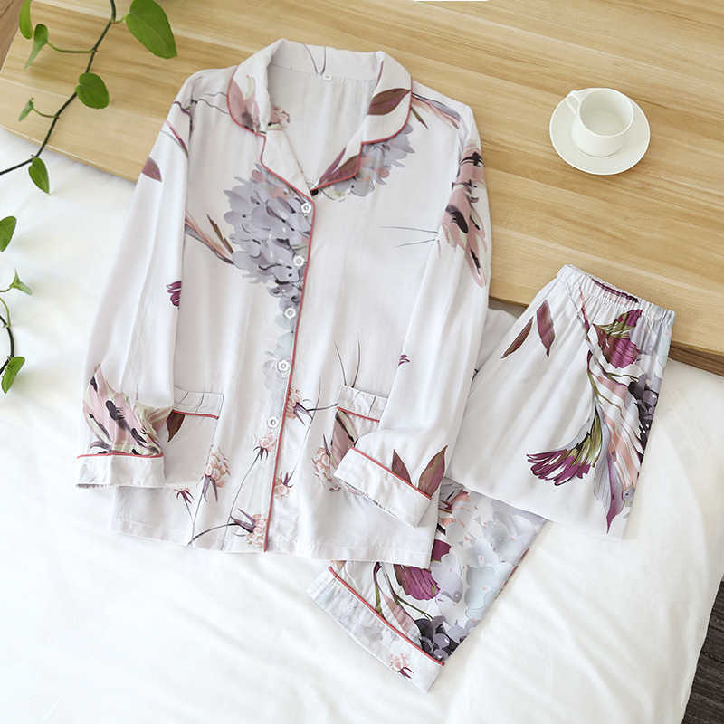 Women's Summer Two-piece Home Suit for Spring and Summer Thin Long-sleeved Viscose Cotton Pants Pajamas Women Summer Cotton Suit 210924