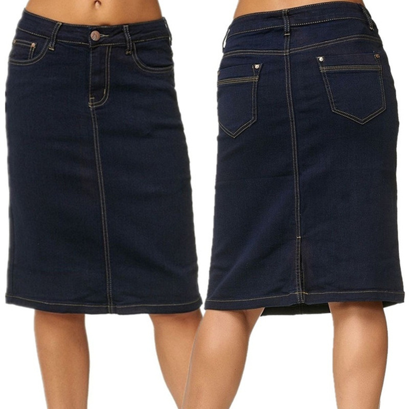 Denim Skirt Women Fashion Casaul Stretch Knee Length Washed Denim Blue Skirts Plus Size Pockets Pure Color Office Female Skirts 210309