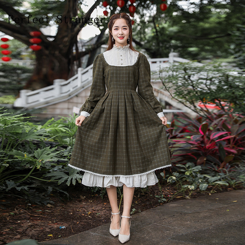 Autumn Winter New Arrival Retro High Quality Princess Style Plaid Stand Collar Flower Embroidery Woman Long Cotton Dress 201008