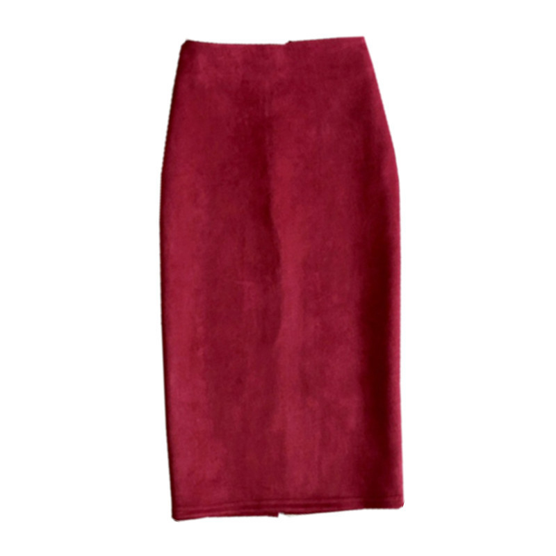 Autumn Winter Suede Skirt women PU Leather Skirt Multicolor Bag Hip Solid Color High Waist Slim Split OneStep Pencil Skirt 210306
