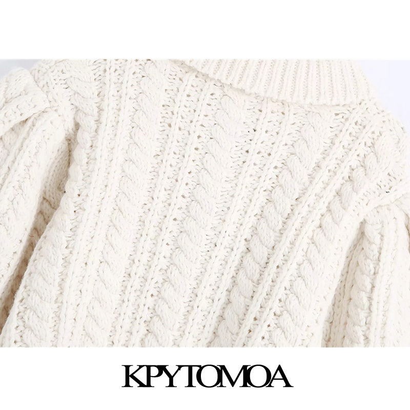 KPYTOMOA Women Fashion With Rhinestone Buttons Cropped Cable-Knit Sweater Vintage Lantern Sleeve Female Pullovers Chic Tops 210218