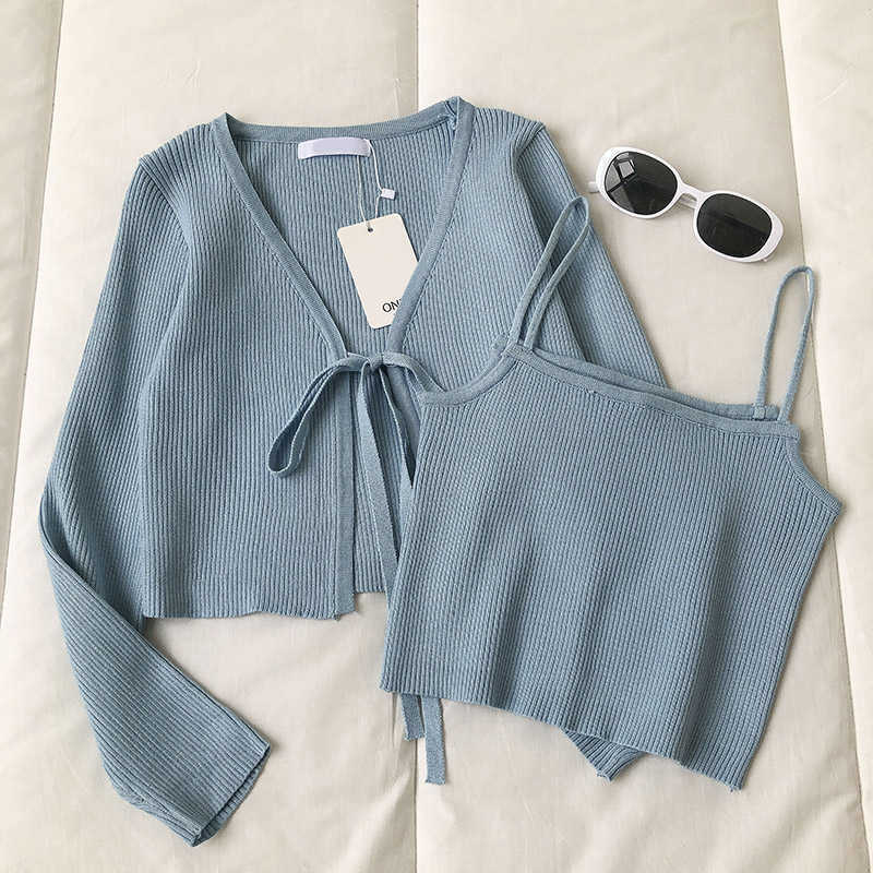 Kimutomo Casual Fasion 2 Piece Set Women Solid V-neck Long Sleeve Lace Up Short Knitted Cardigan and Camis Knitwear Elegant 210707